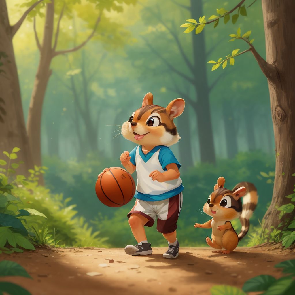 Same illustration style page 1 Chip walking through the forest . sees Squirrel, Chip look toward squirrel and seeing squirrel at her home with a basketball