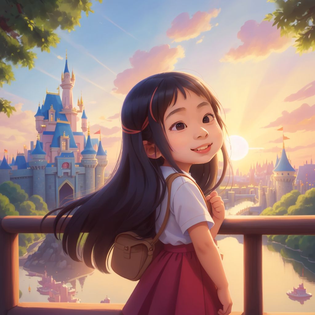 Elisa looking back at Disney Land with a tearful smile as the sun sets behind the castle