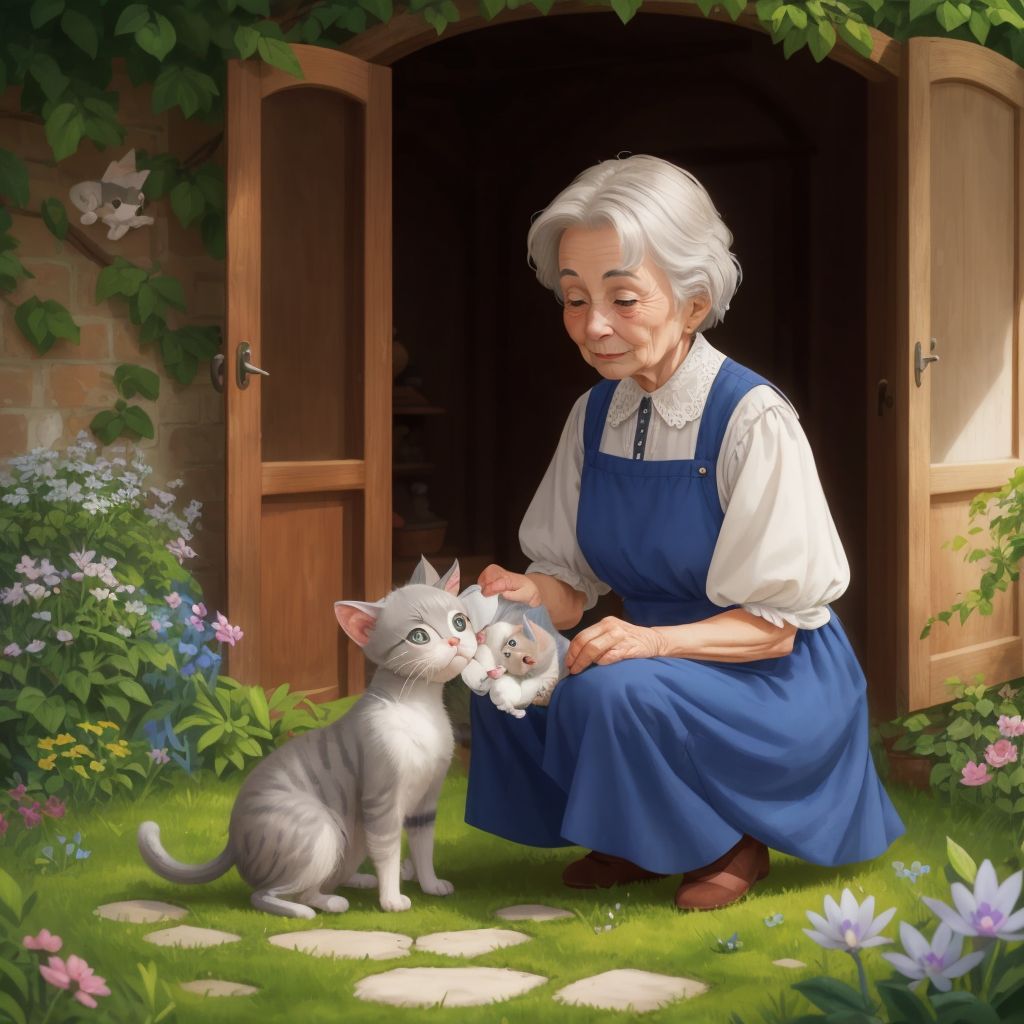 MawMaw discovering Pollyanna's tiny Siamese kitten hidden in the garden