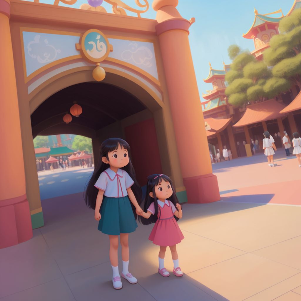 Elisa at the entrance of Disney Land, holding her parents' hands, eyes wide with awe