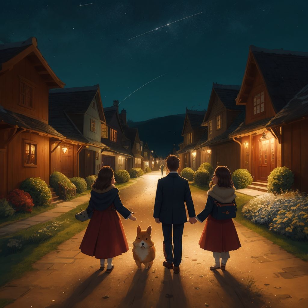 The trio walking home under a starry sky, the Royal Corgi in the lead, with the village lights twinkling in the distance