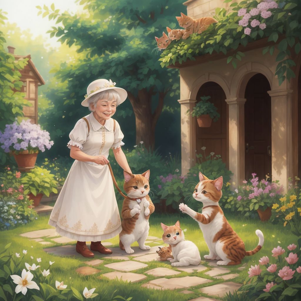 The garden filled with joy as Harry, Pollyanna, and the kitten play together, with MawMaw smiling in the background