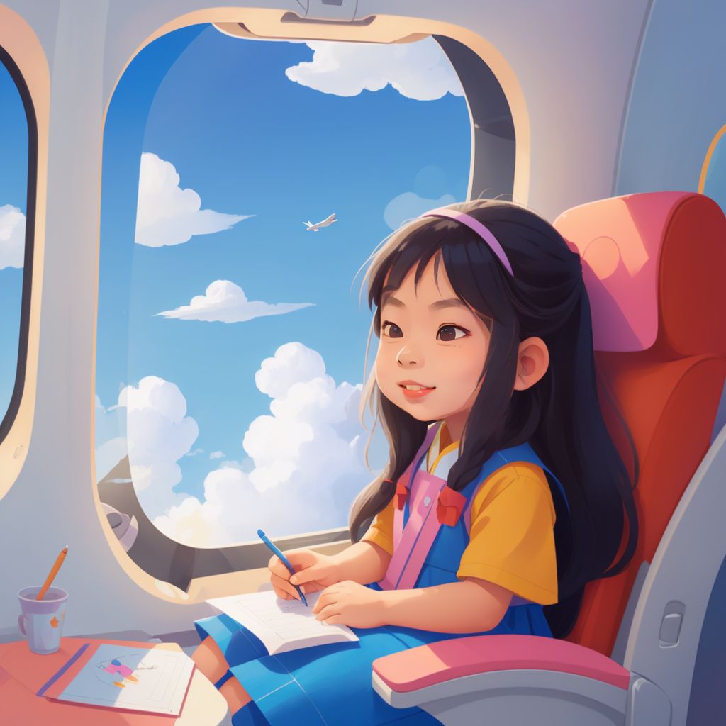 Elisa sitting in an airplane seat, drawing Disney characters with a window showing clouds outside