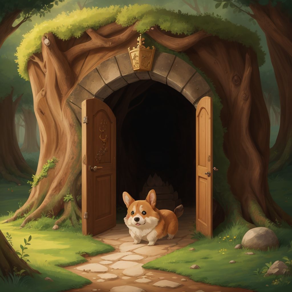 The ancient tree with a door at its base, the Royal Corgi pushing the door open with its nose