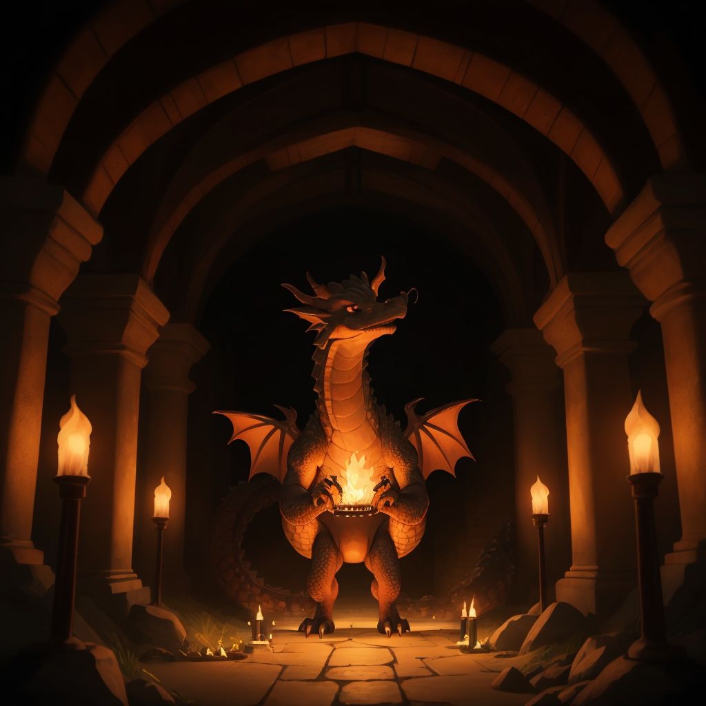 A gentle dragon with a warm smile, standing in a grand underground hall lit by torches