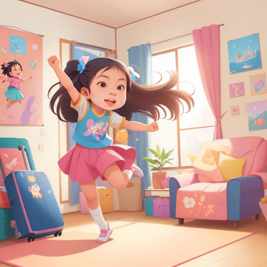 Elisa jumping with joy in her living room, a suitcase and Disney posters in the background