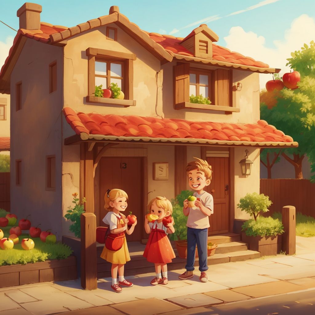 Number 6 smiling and handing an apple to Number 3 in front of a house in Tens Town