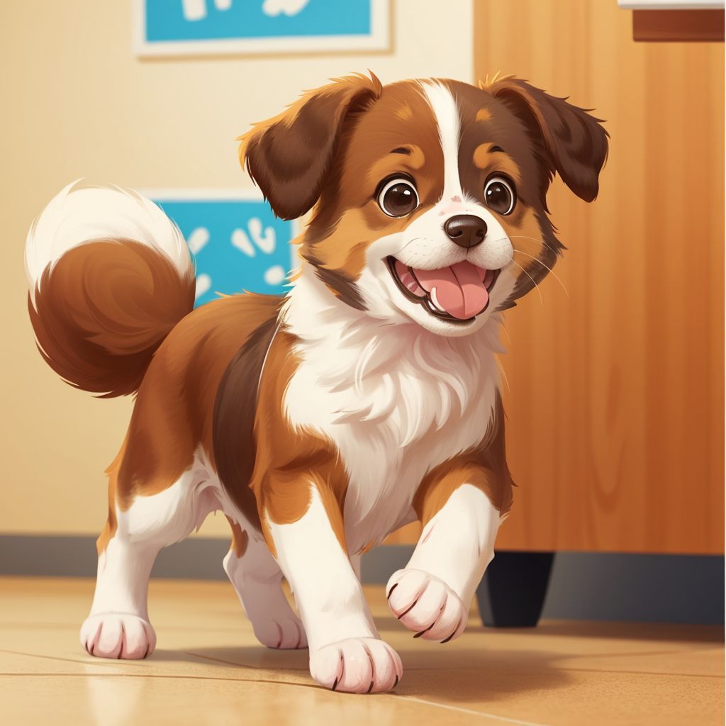 A happy puppy wagging its tail at a vet clinic