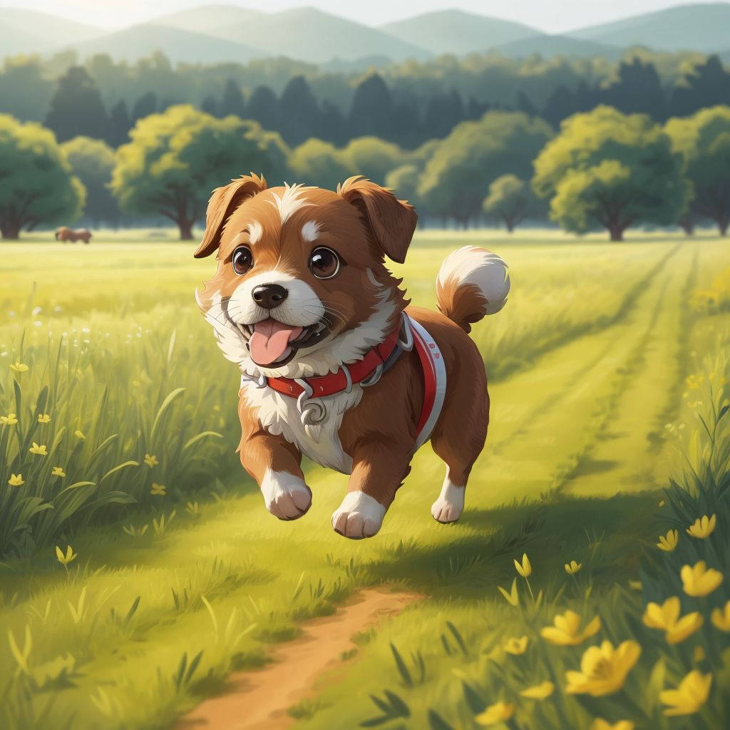 A puppy running across a meadow, leading a race