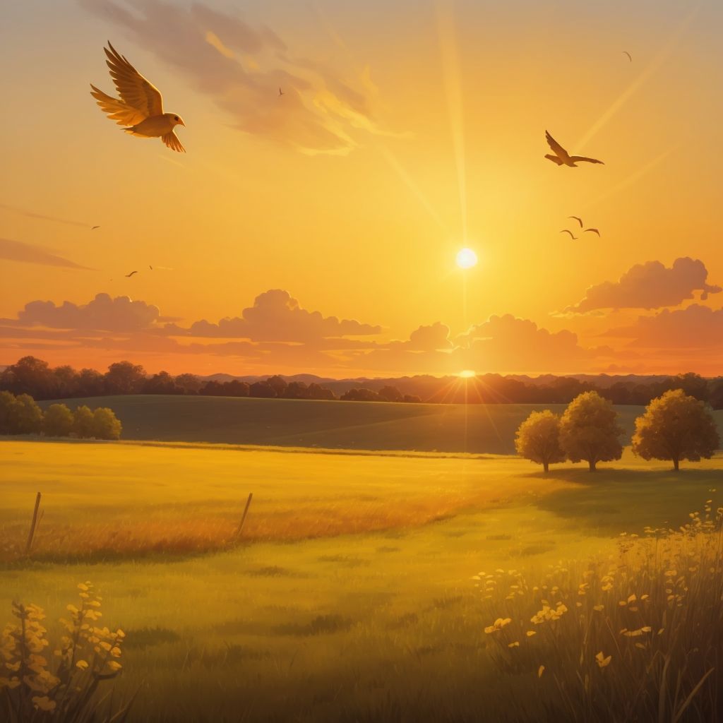 A golden sunset over a meadow with a bird chirping in the foreground