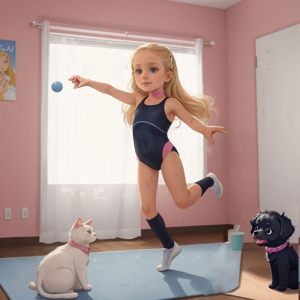 Аліса wearing a sports suit is doing sport gymnastics, a white fluffy cat and a black dog, near her