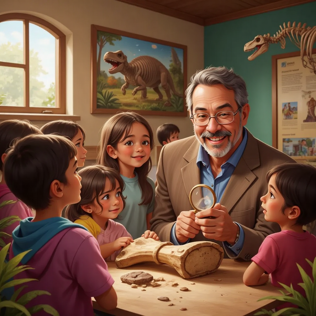 Dr. Fossil examining a bone with a magnifying glass to kids in a museum setting