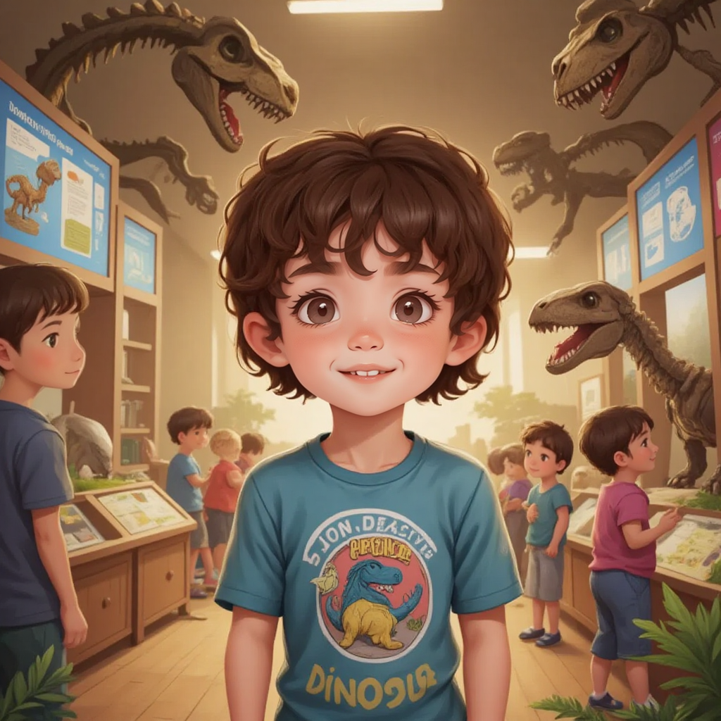 Oskar with a big smile, wearing a Dinosaur Detective Club badge in a museum