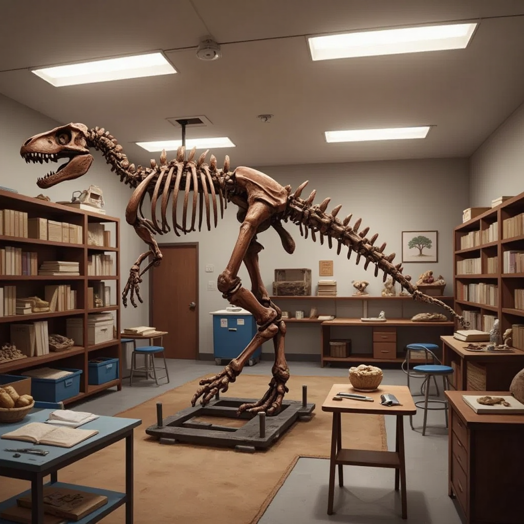 A partially assembled dinosaur skeleton in a museum laboratory setting