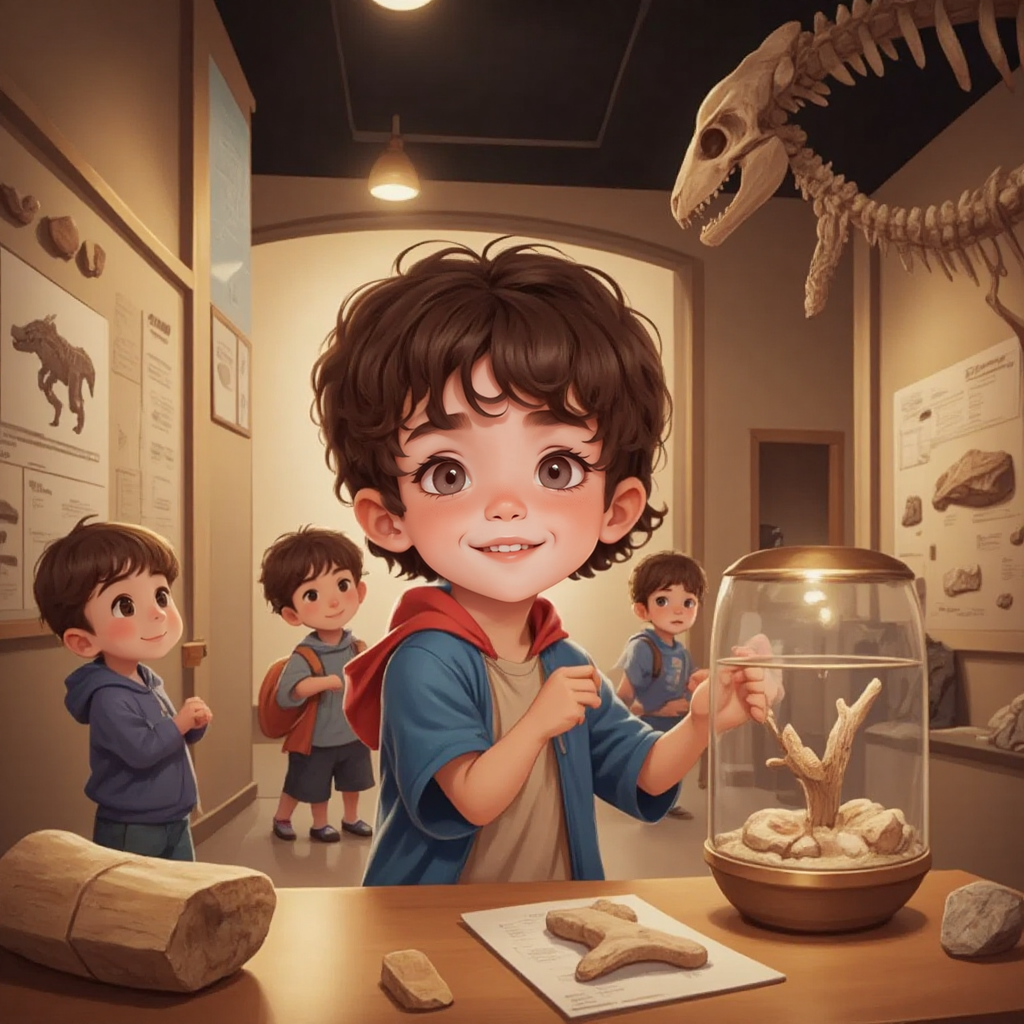 Oskar pointing at his discovered bone, to his friends in a museum exhibit