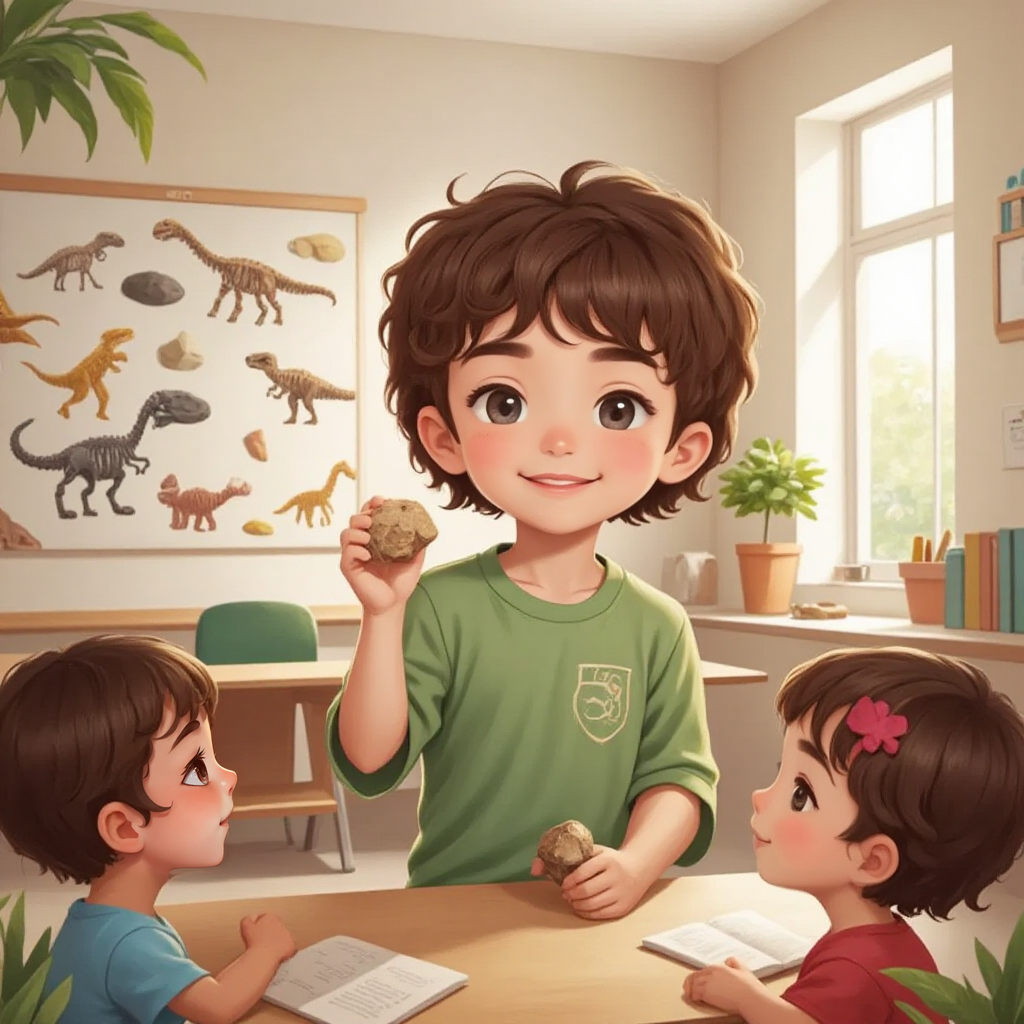 Oskar enthusiastically teaching his friends about fossils in a classroom