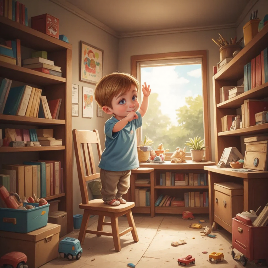 Rowan standing on a chair, reaching up high in a cluttered room