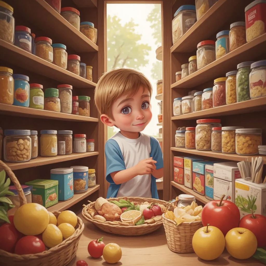 Rowan peeking into a pantry filled with various food items