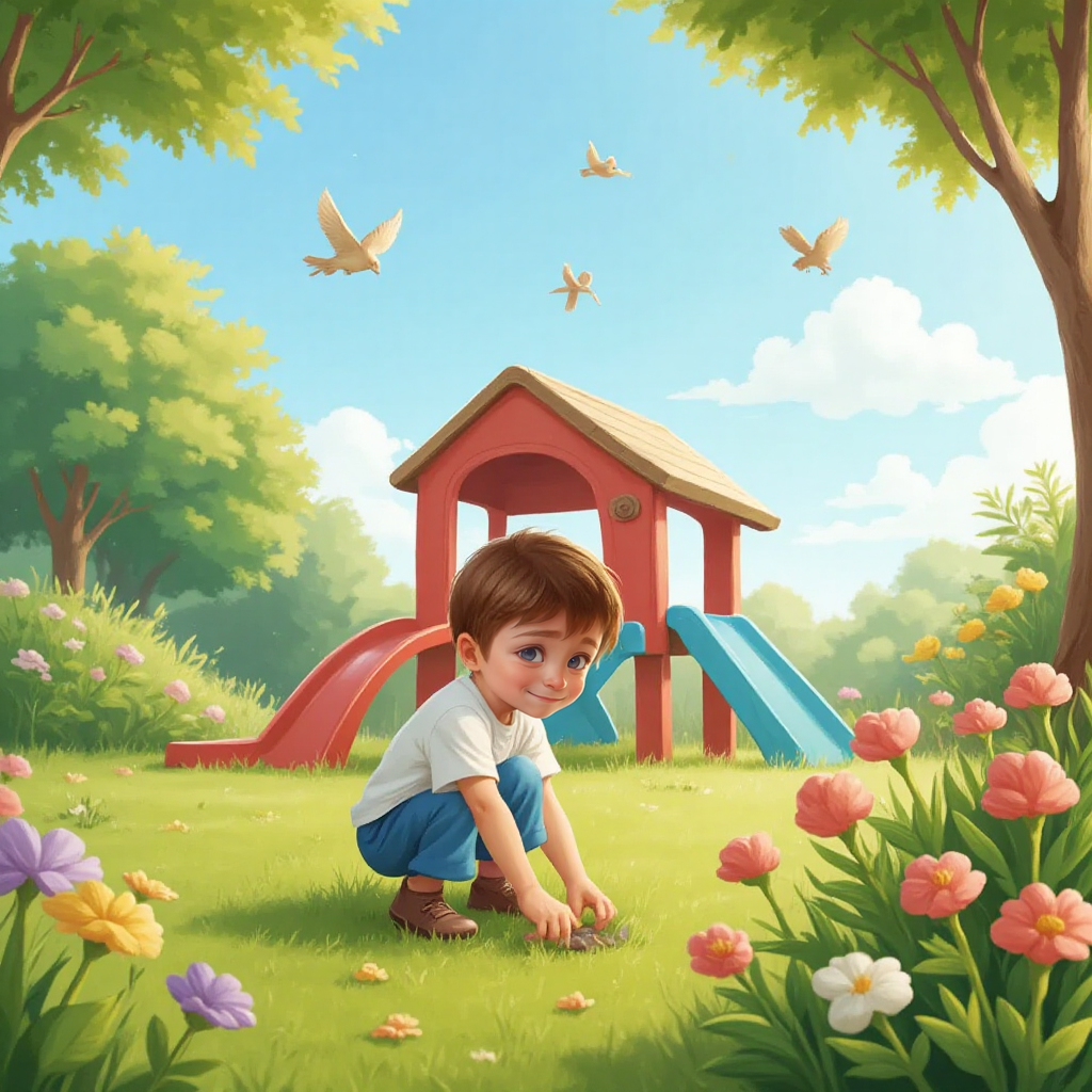 Rowan searching near a playground slide in a sunny garden with birds flying overhead