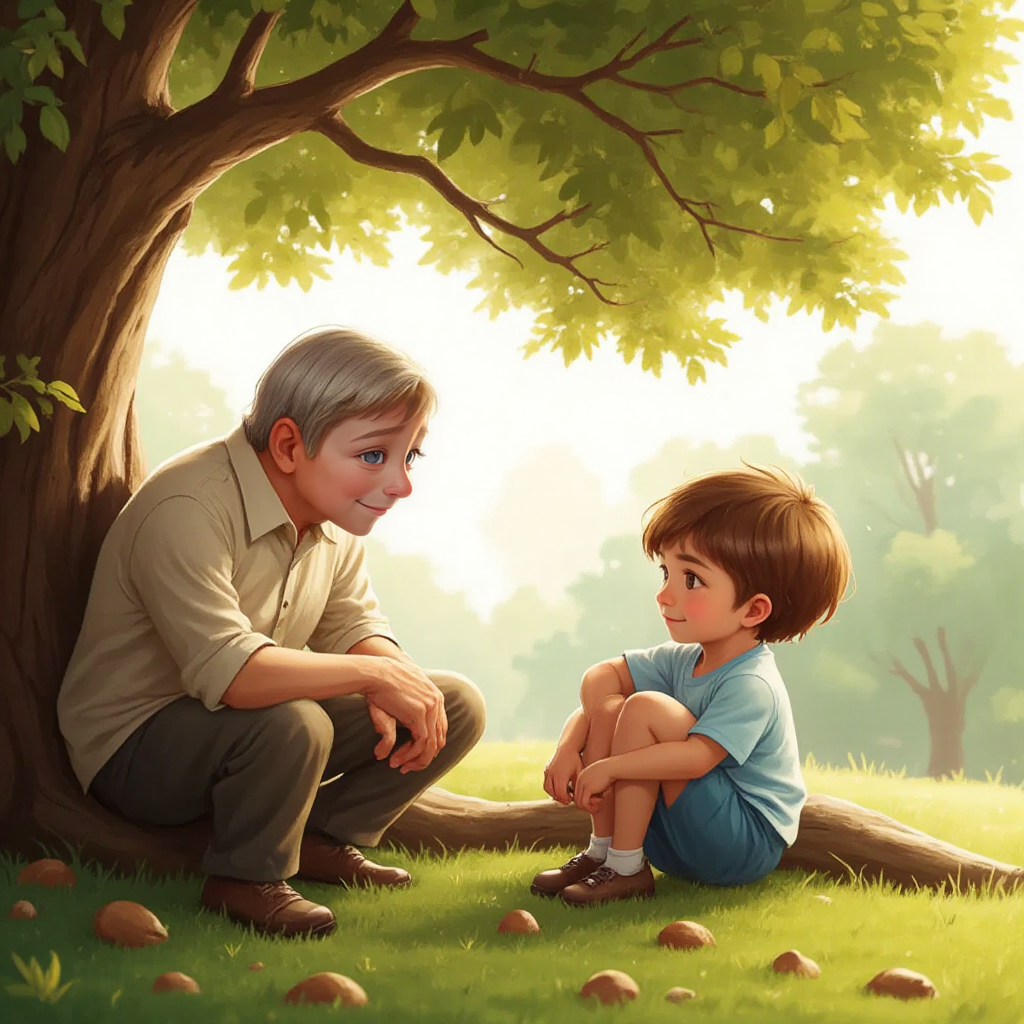 Rowan talking to an elderly man (Mr. Lee) near a big oak tree