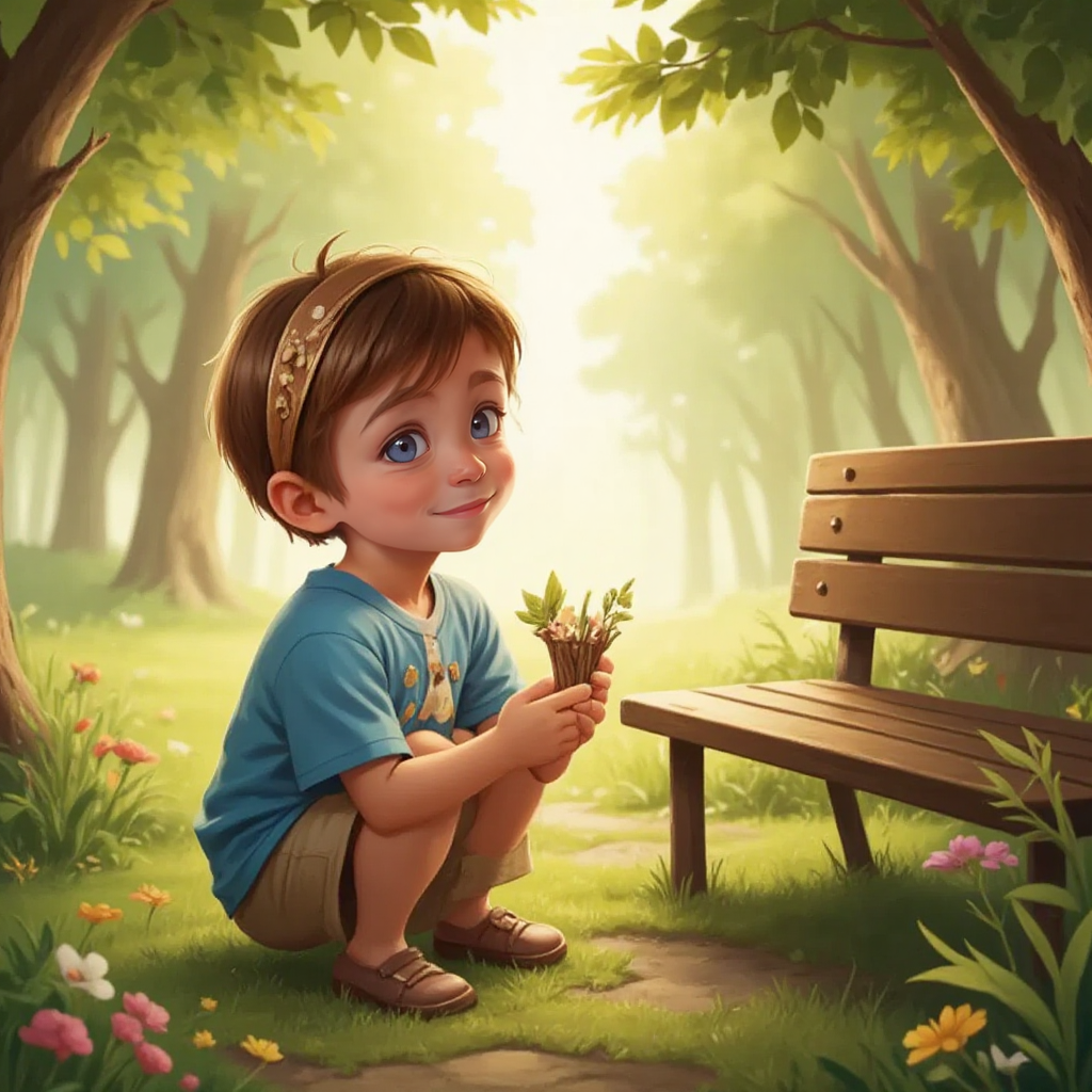 Rowan looking surprised, finding a small brown crown near a park bench