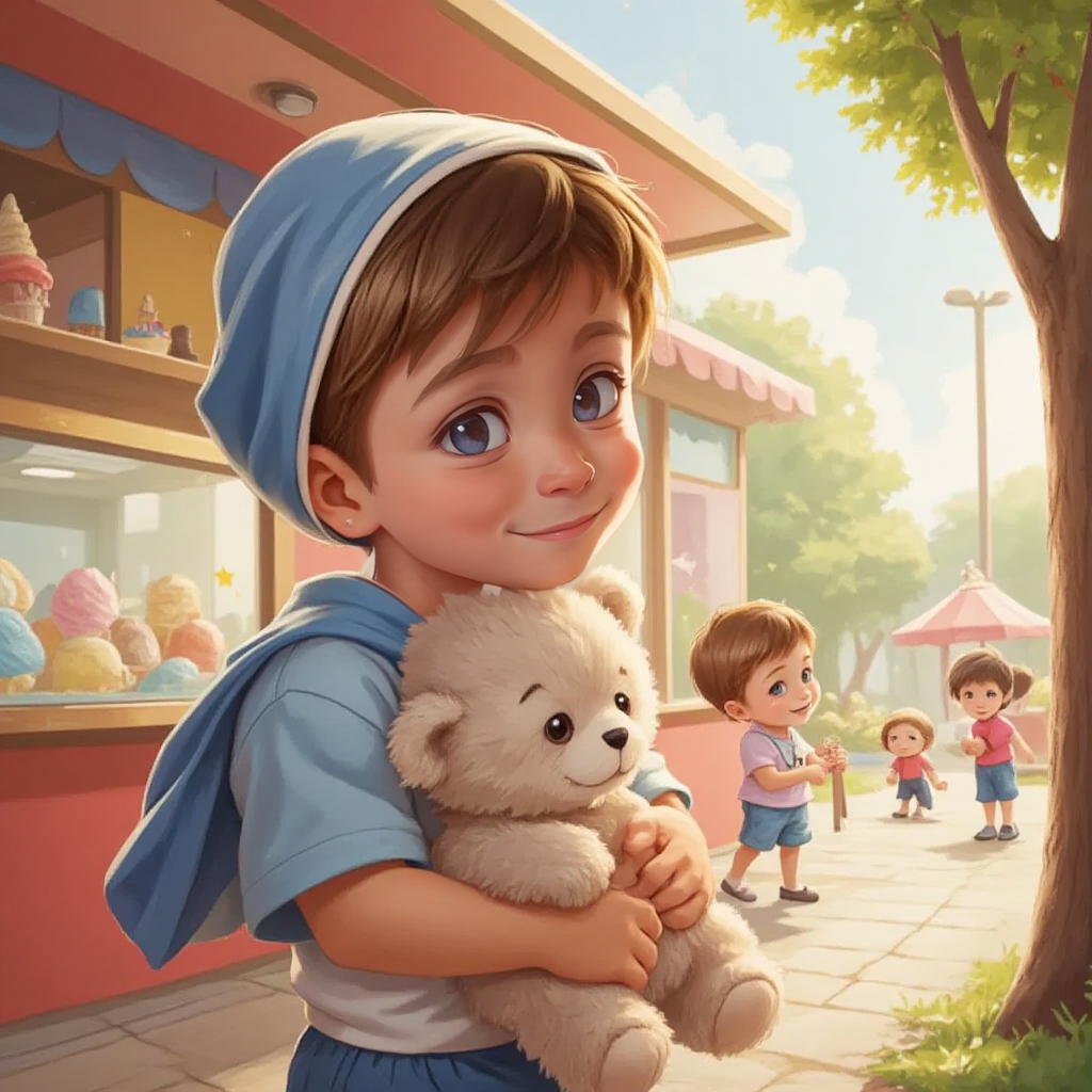 Rowan hugging his teddy bear Tilly outside an ice cream shop with a joyful expression