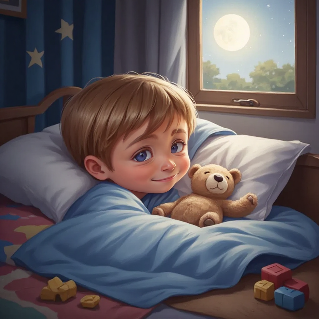 Rowan sleeping peacefully in bed with Tilly the teddy bear next to him
