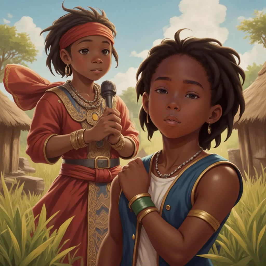 Xango dreaming of a great warrior in colorful African clothes, with a puzzled yet excited expression