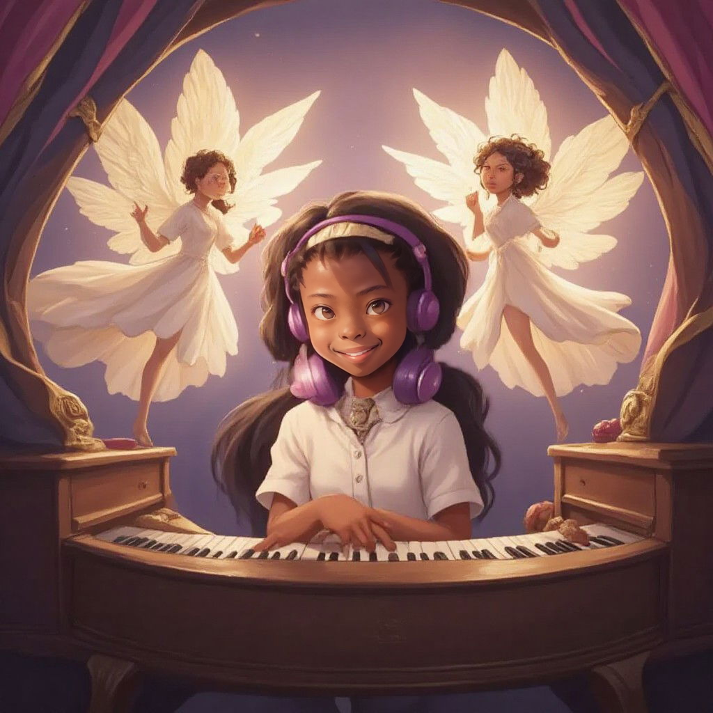 Nubia playing her piano with a serene expression as EgbeOrun angels dance around her