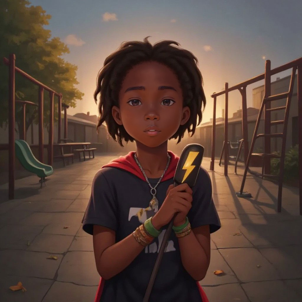 Xango standing bravely in a schoolyard, looking determined as shadows loom around