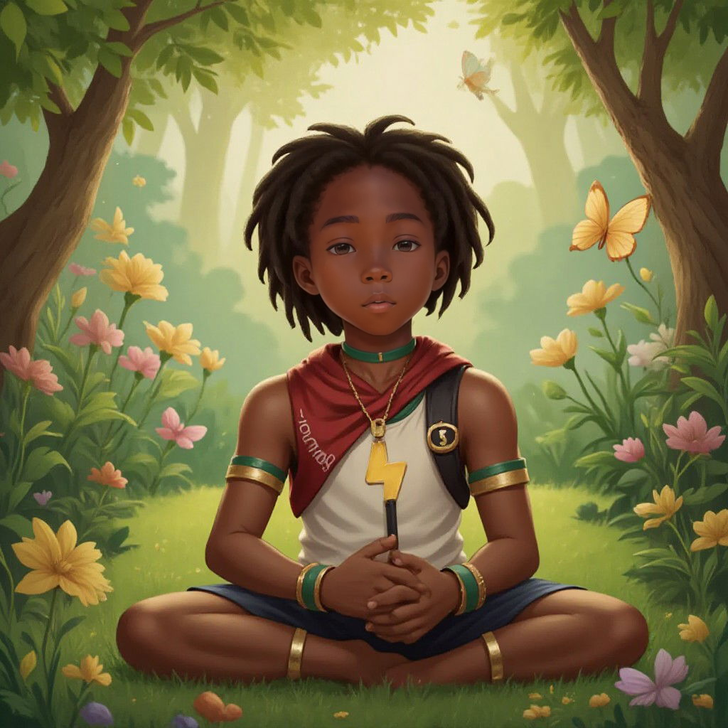 Xango meditating in a garden, with a calm and focused expression, surrounded by nature