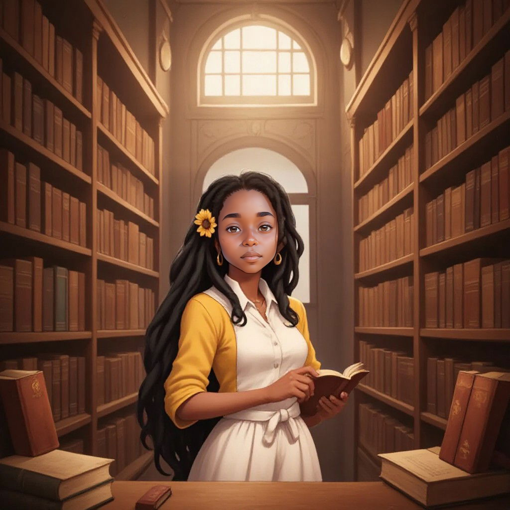 Kemi standing confidently in a library filled with ancient books, with a thoughtful expression