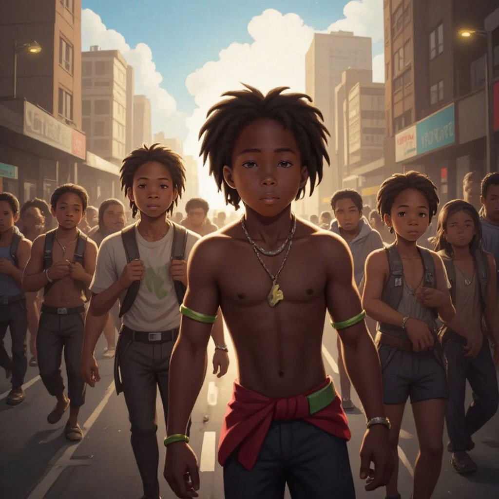 Xango leading a group in the city center, with a determined expression, as light and darkness clash