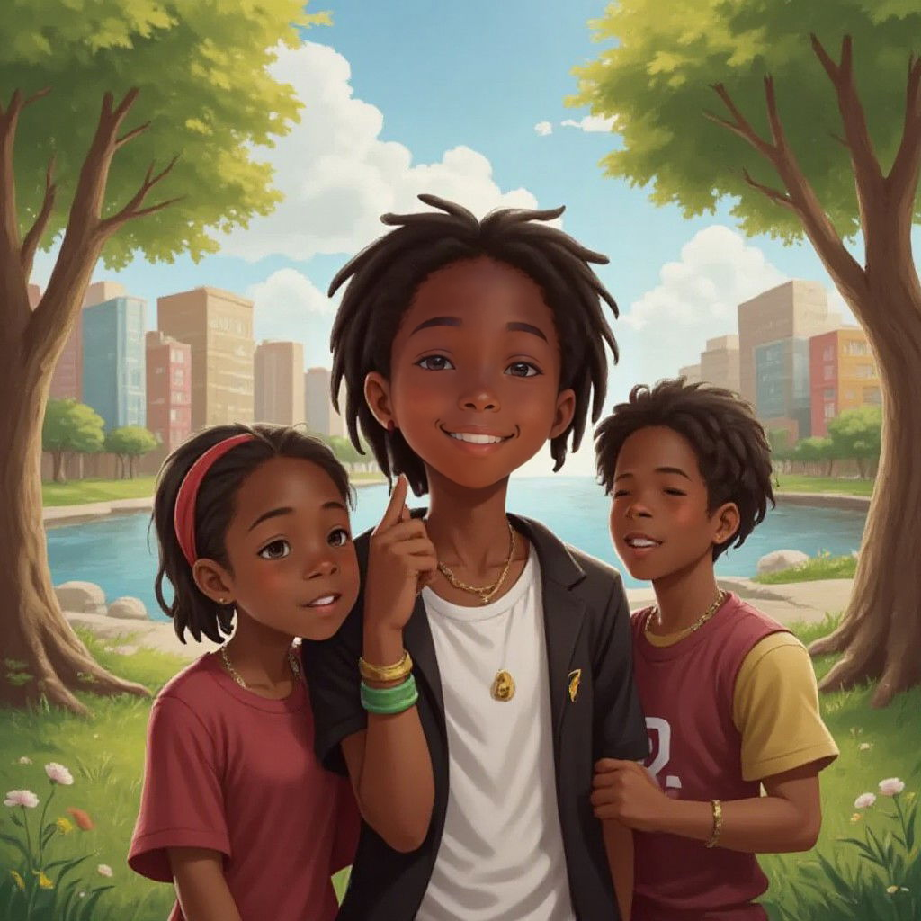 Xango smiling as he stands with friends and family in a peaceful cityscape