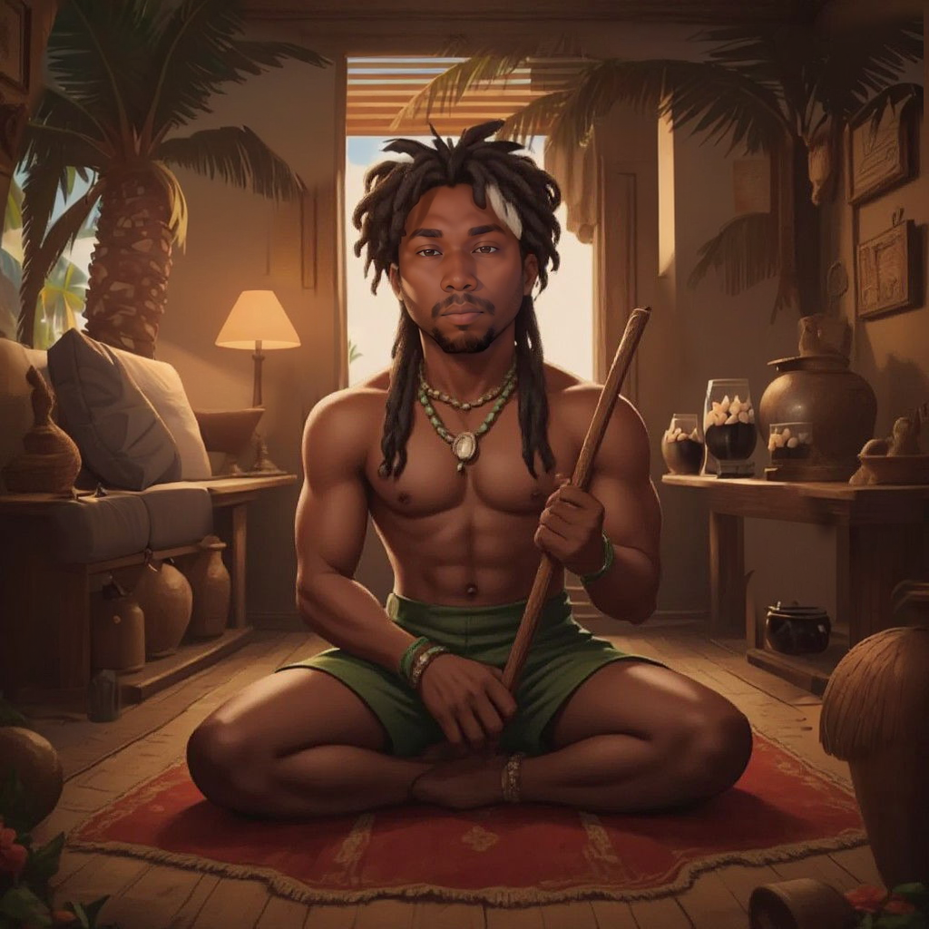 Nuru sitting in a room filled with ancient artifacts, listening intently with a wise expression