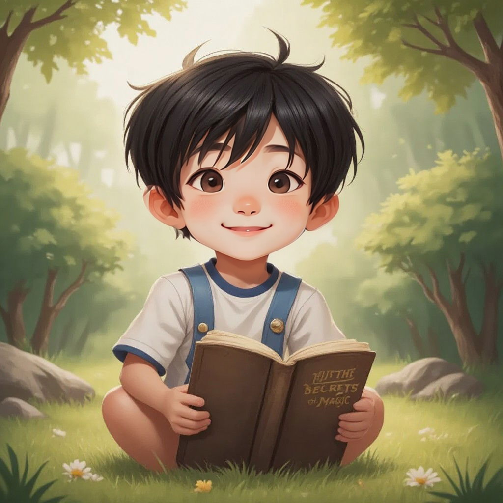 Duy sitting in his backyard, holding an old dusty book titled 'The Secrets of Magic', with a look of wonder on his face