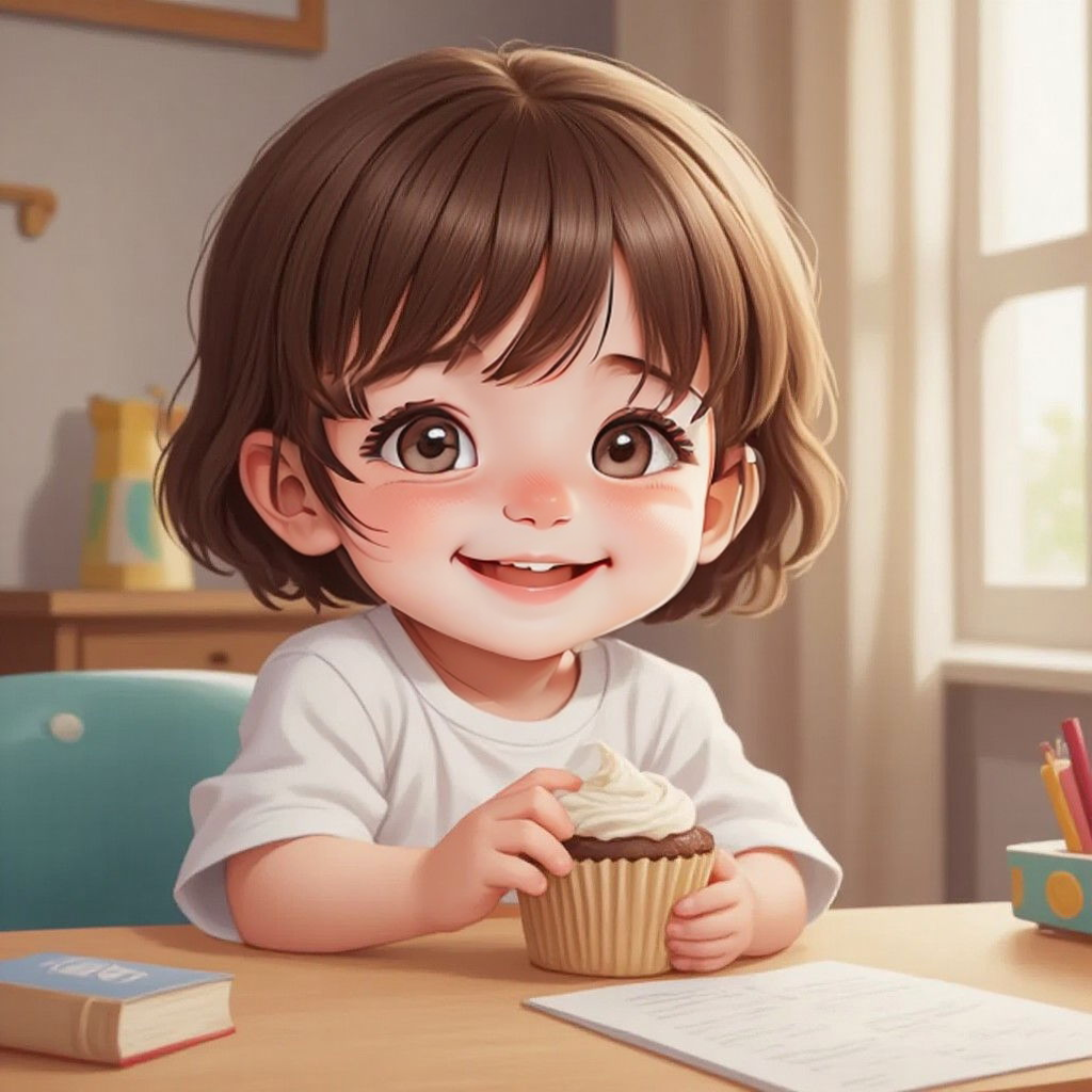Bailey smiling and holding a cupcake while sitting at a study desk