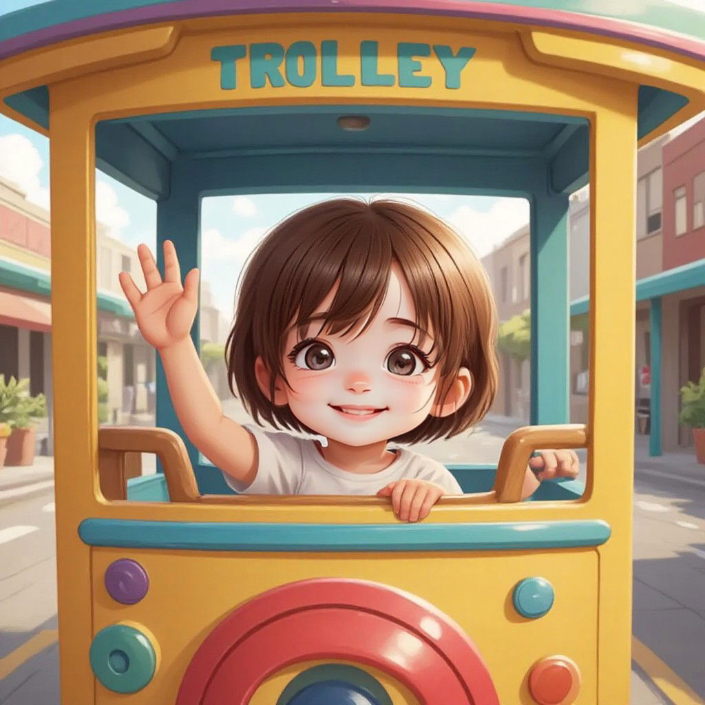 Jacqueline waving from a colorful SLO Trolley