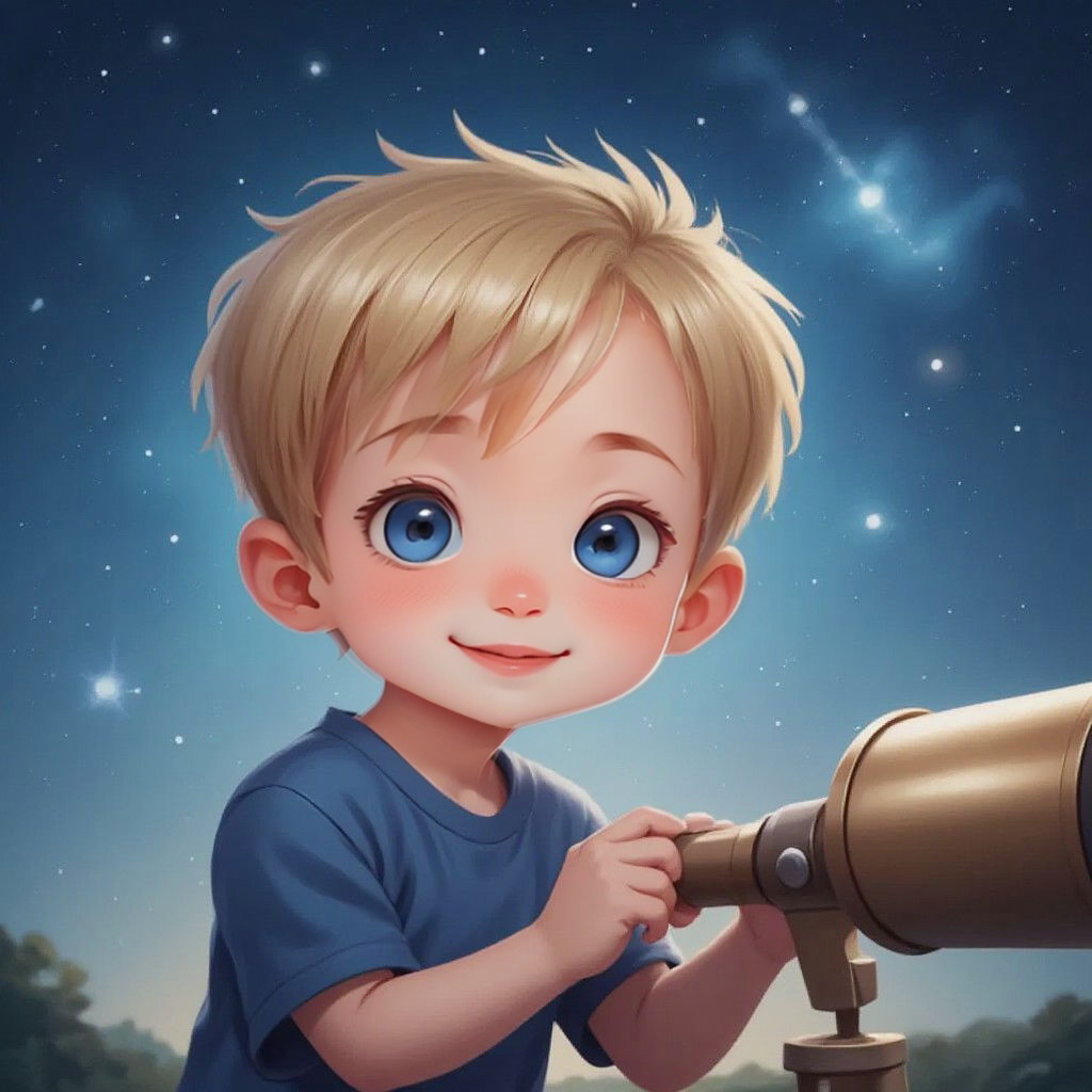 Maverick looking through a telescope with a starry night sky visible