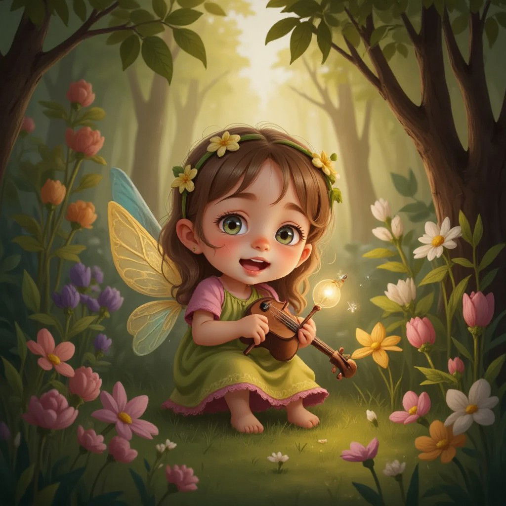 A tiny fairy playing a miniature instrument, surrounded by twinkling lights in a enchanted forest glade