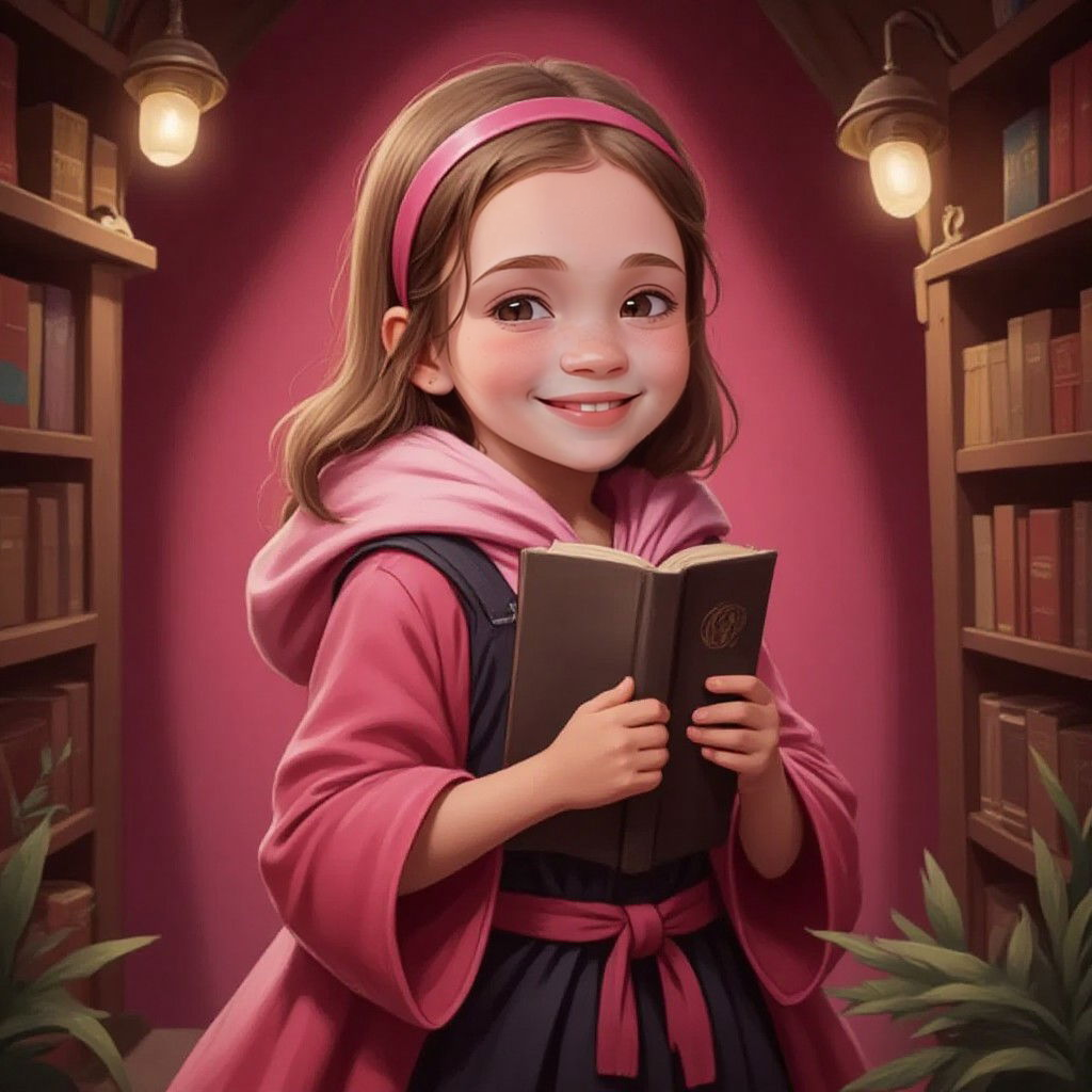 Sandy back in her attic, holding the closed mysterious book with a confident smile on her face