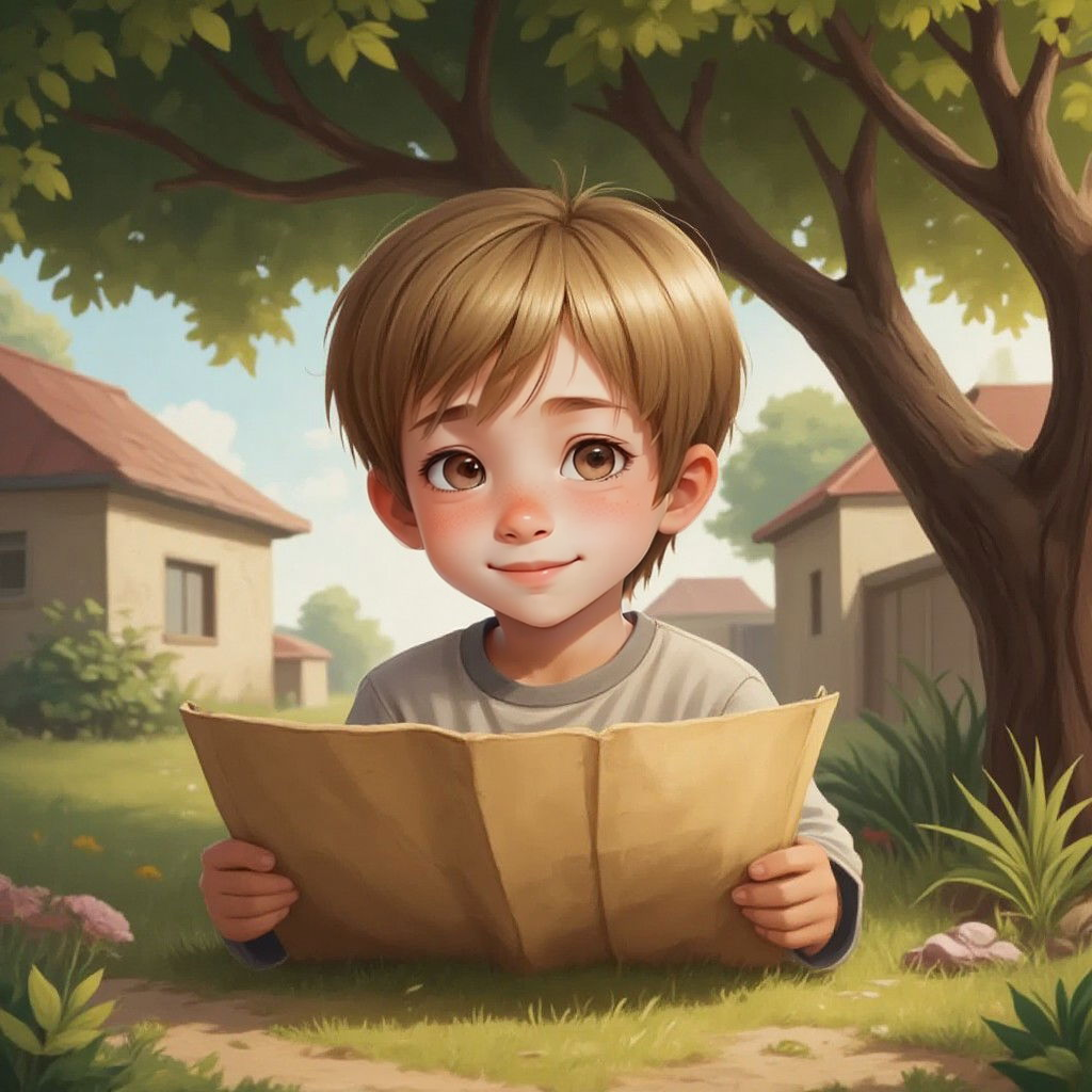 Easton examining a dusty, rolled-up map under an old oak tree in a backyard. His face shows excitement and curiosity.