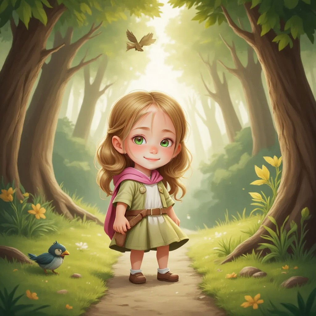 Alivia walking on a path in the Enchanted Woods, surrounded by towering trees and chirping birds. Her expression is a mix of excitement and nervousness.