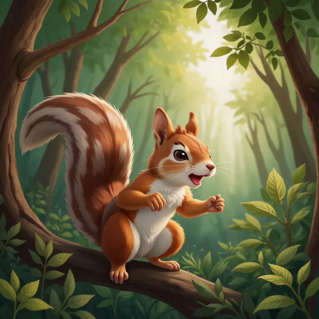 A talking squirrel perched on a tree branch in a dense forest, with its mouth open as if speaking.