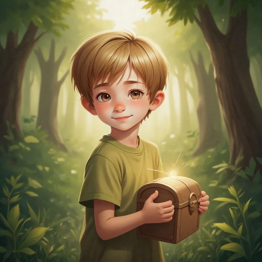 Easton standing in a forest clearing, holding a small sparkling chest with a look of wonder on his face.