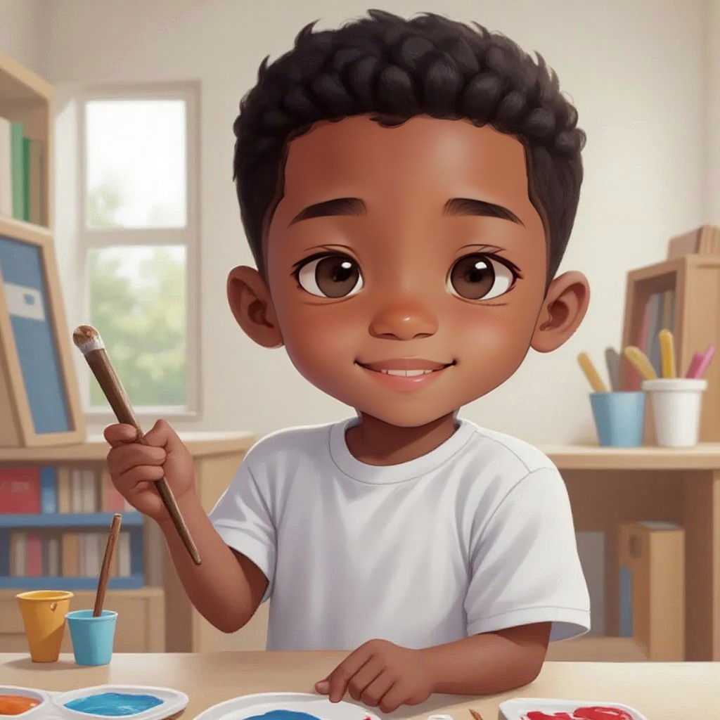 Leo standing with a paintbrush in hand, looking excited, with an art classroom in the background
