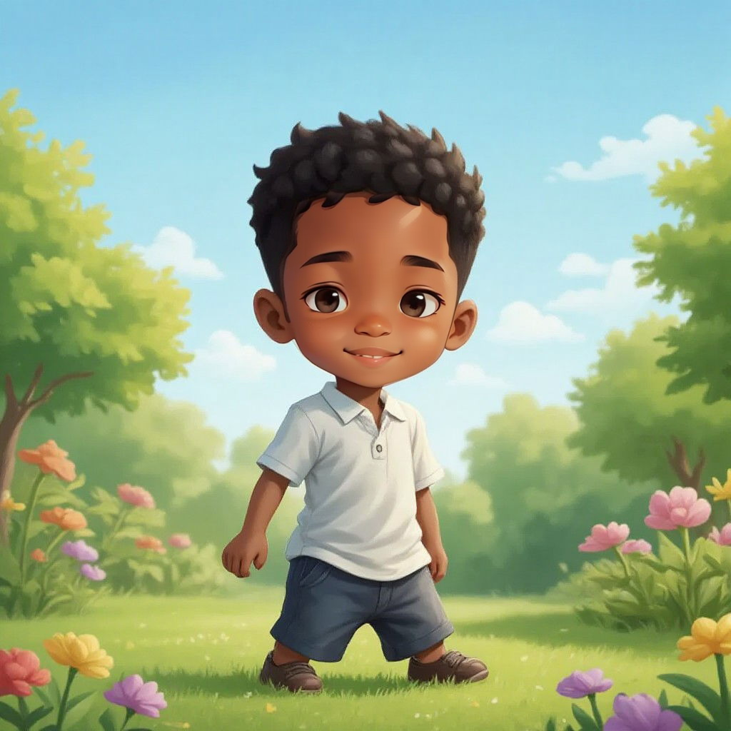Leo walking through a park, observing colorful flowers and a bright blue sky