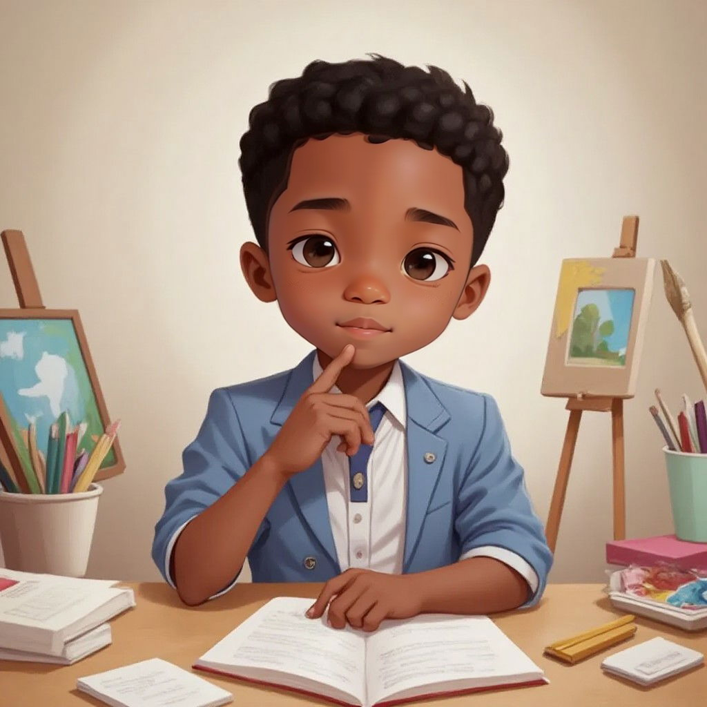 Leo sitting at a desk with a thoughtful expression, surrounded by unfinished paintings