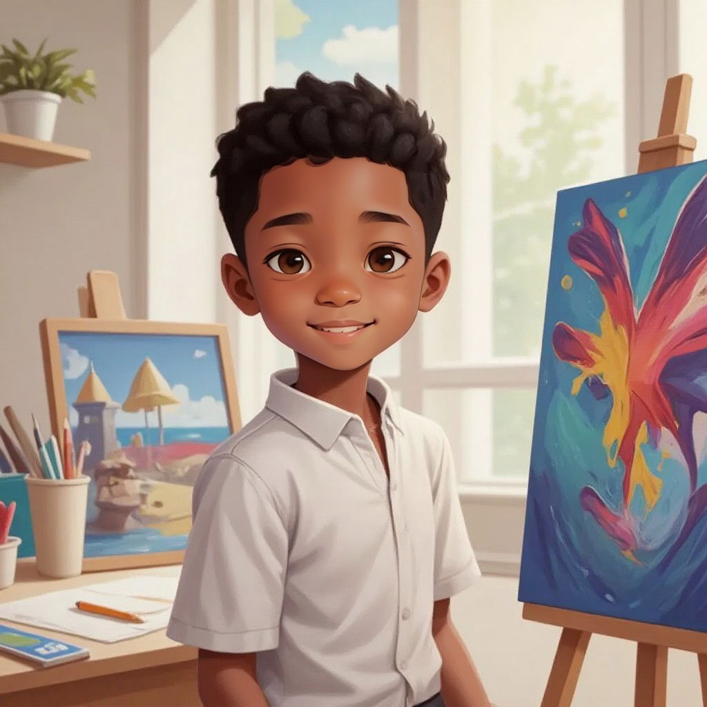 Leo standing proudly next to his colorful painting at an art contest, with a look of happiness