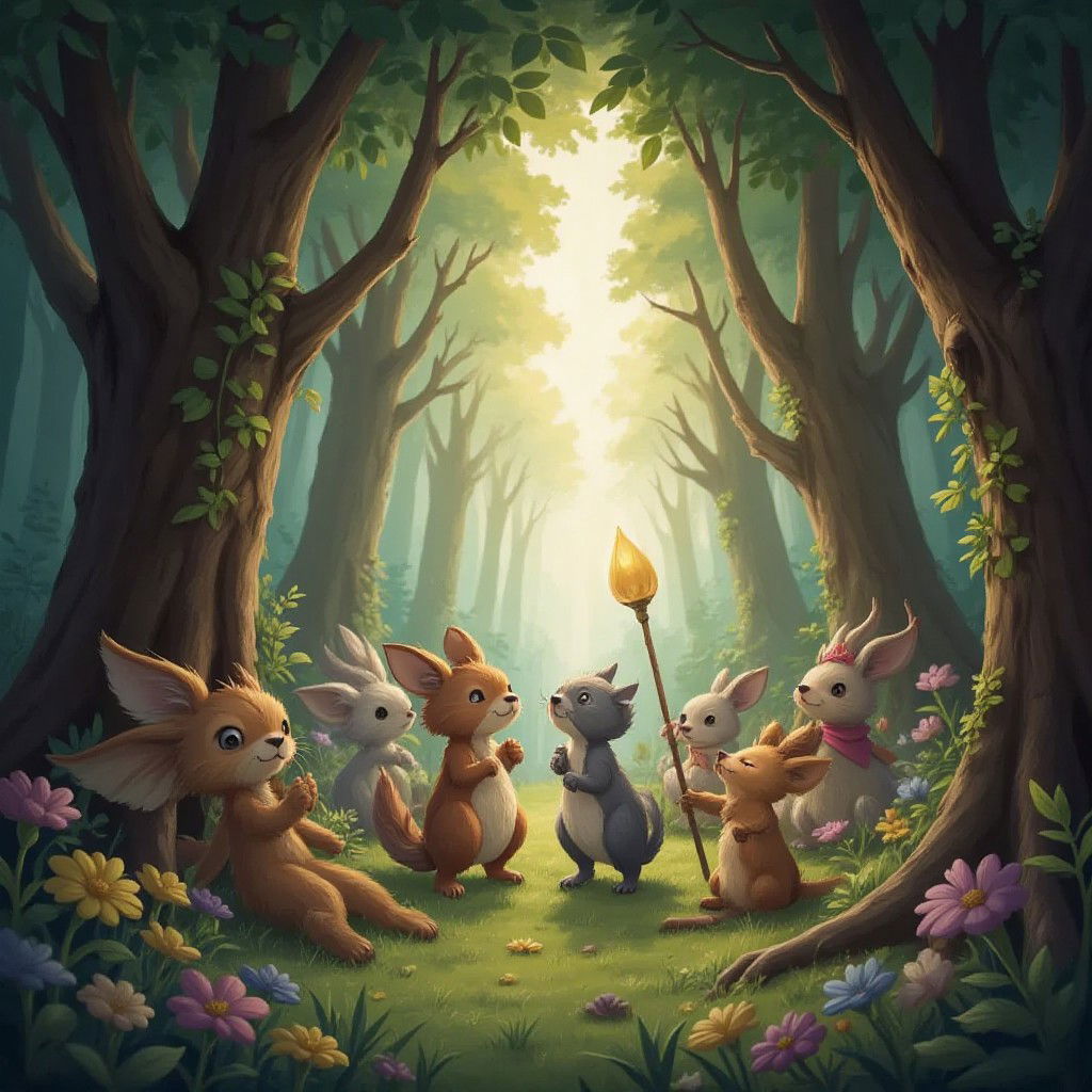 A magical forest filled with dancing and singing creatures under a mystical light